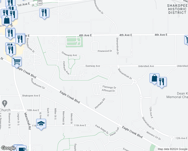 map of restaurants, bars, coffee shops, grocery stores, and more near 2044 Meridian Court in Shakopee