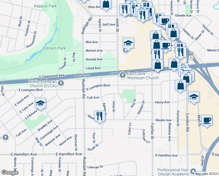 map of restaurants, bars, coffee shops, grocery stores, and more near 1904 East Lexington Boulevard in Eau Claire