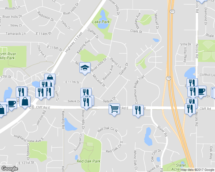 map of restaurants, bars, coffee shops, grocery stores, and more near 11712 Galtier Drive in Burnsville