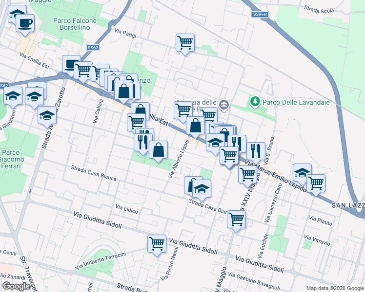 map of restaurants, bars, coffee shops, grocery stores, and more near 2 Via de Rossi Gian Bernardo in Parma
