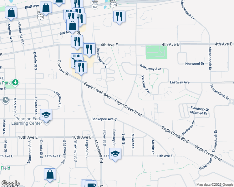 map of restaurants, bars, coffee shops, grocery stores, and more near 700 Sarazin Street in Shakopee
