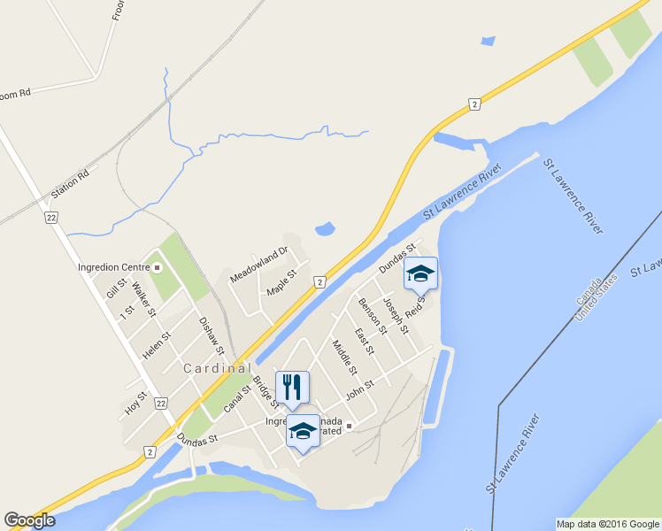 map of restaurants, bars, coffee shops, grocery stores, and more near 512 Leeds and Grenville 2 in Cardinal