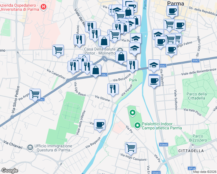 map of restaurants, bars, coffee shops, grocery stores, and more near 21 Via Stanislao Solari in Parma