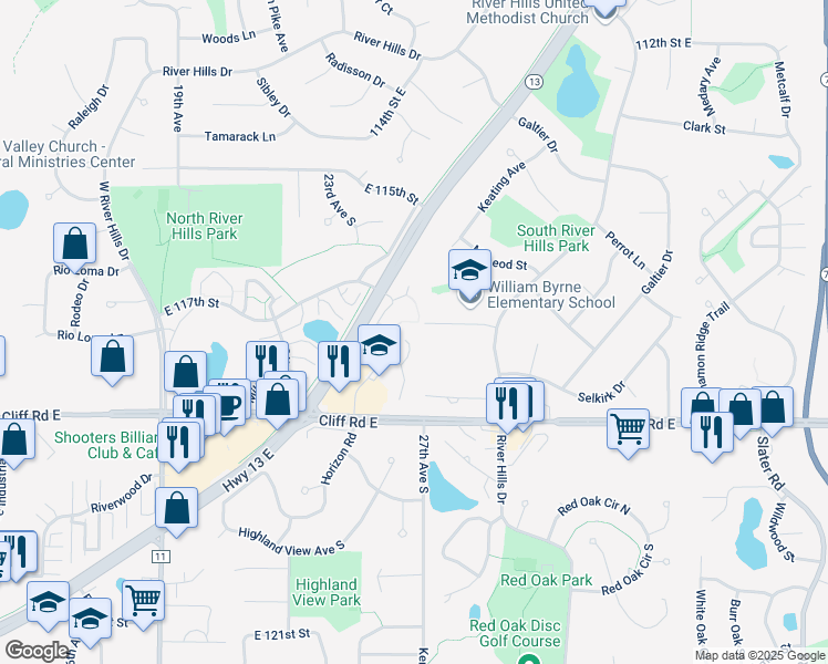 map of restaurants, bars, coffee shops, grocery stores, and more near 11681 Langford Circle in Burnsville