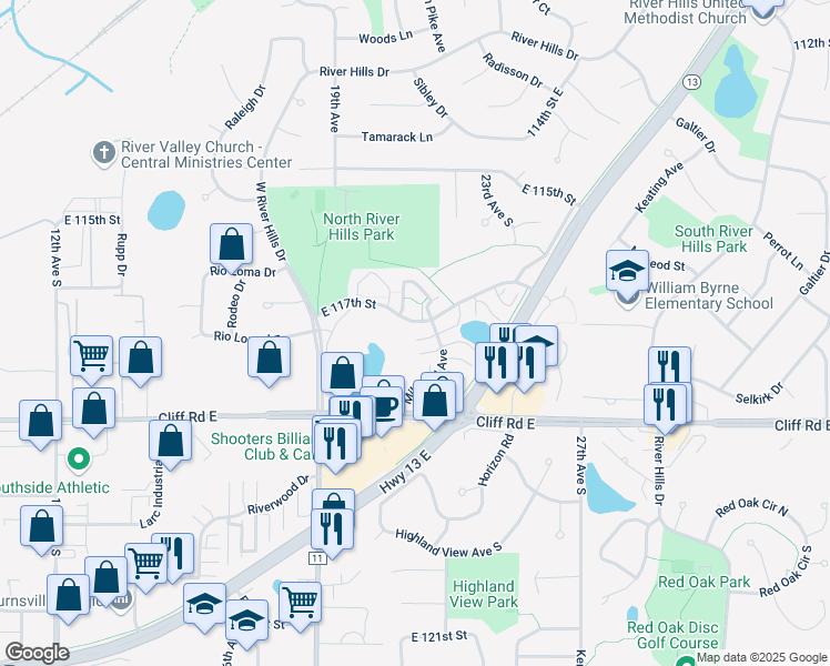 map of restaurants, bars, coffee shops, grocery stores, and more near 2201 East 117th Street in Burnsville