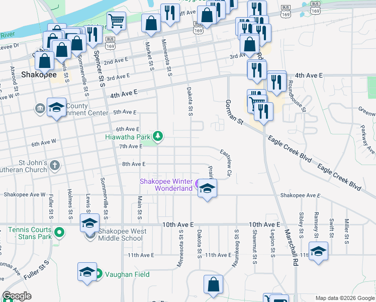 map of restaurants, bars, coffee shops, grocery stores, and more near 838 7th Avenue East in Shakopee