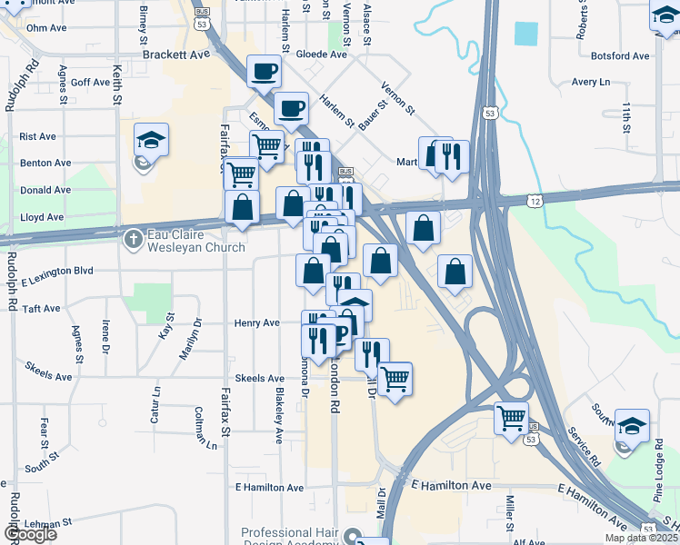 map of restaurants, bars, coffee shops, grocery stores, and more near 2615 London Road in Eau Claire