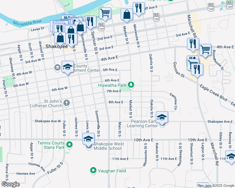 map of restaurants, bars, coffee shops, grocery stores, and more near 542 7th Avenue East in Shakopee