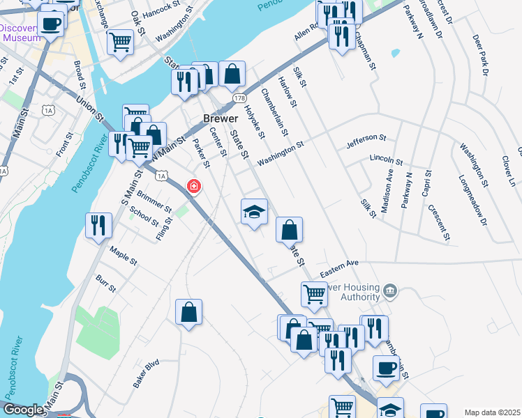 map of restaurants, bars, coffee shops, grocery stores, and more near 22 Somerset Street in Brewer