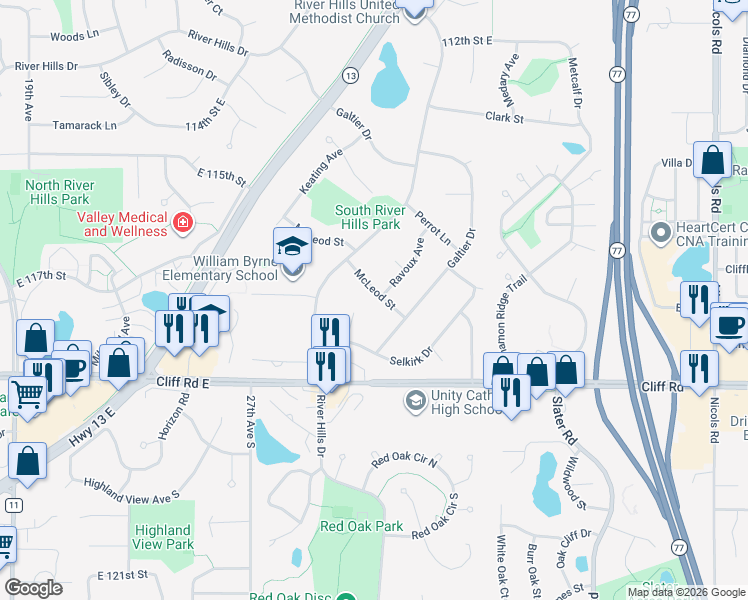 map of restaurants, bars, coffee shops, grocery stores, and more near 3105 McLeod Street in Burnsville
