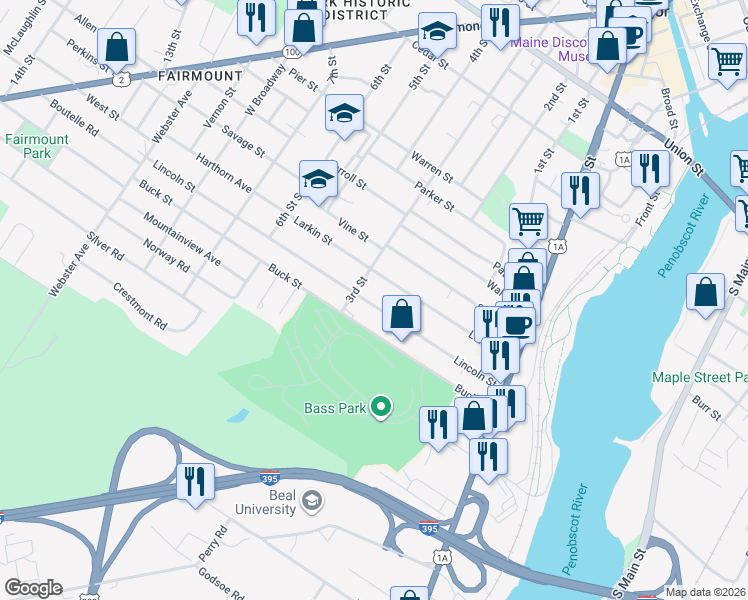 map of restaurants, bars, coffee shops, grocery stores, and more near 165 Lincoln Street in Bangor