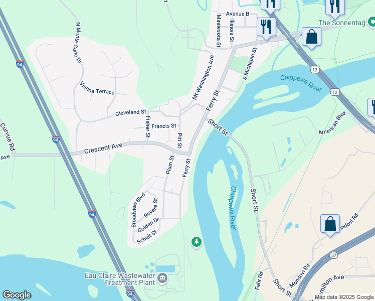 map of restaurants, bars, coffee shops, grocery stores, and more near 1806 Crescent Avenue in Eau Claire