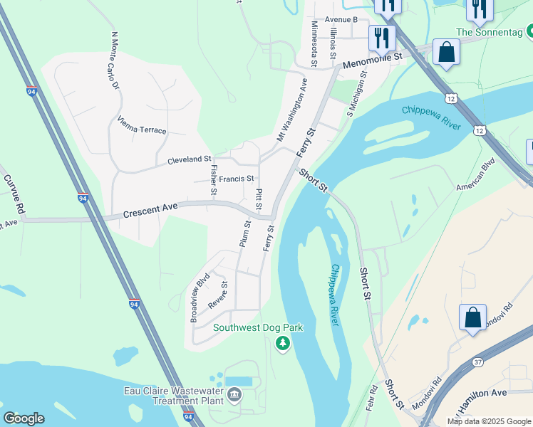 map of restaurants, bars, coffee shops, grocery stores, and more near 1806 Crescent Avenue in Eau Claire