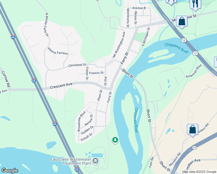 map of restaurants, bars, coffee shops, grocery stores, and more near 1806 Crescent Avenue in Eau Claire