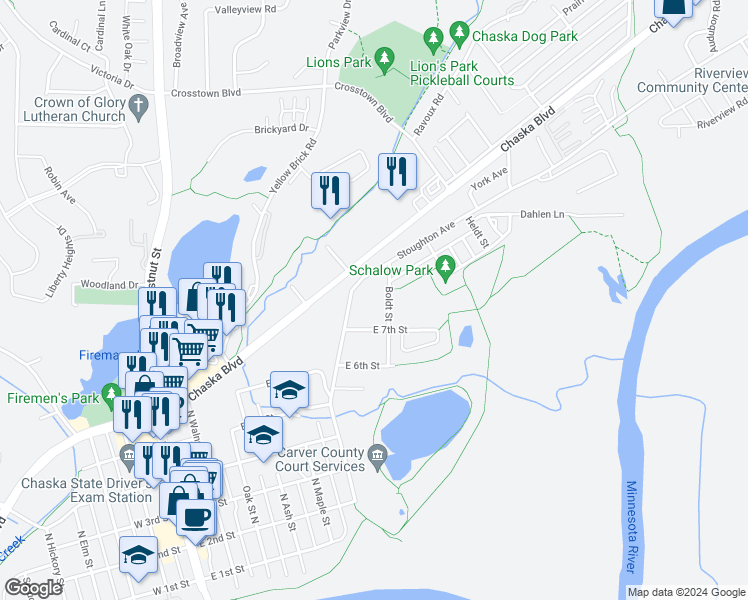 map of restaurants, bars, coffee shops, grocery stores, and more near 829 Boldt Street in Chaska