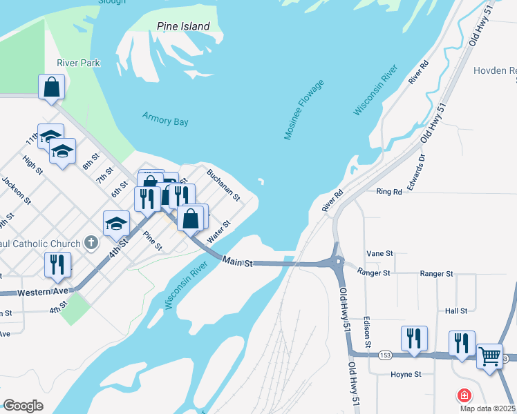 map of restaurants, bars, coffee shops, grocery stores, and more near 202 Water Street in Mosinee