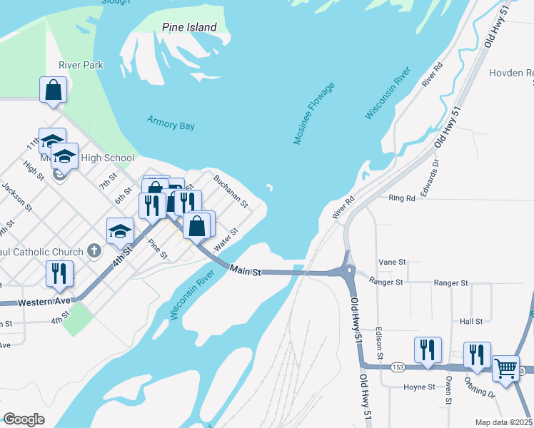 map of restaurants, bars, coffee shops, grocery stores, and more near 202 Water Street in Mosinee