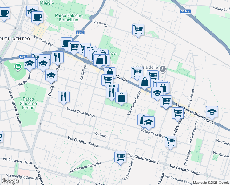 map of restaurants, bars, coffee shops, grocery stores, and more near 30-34 Via Carlo Malaspina in Parma