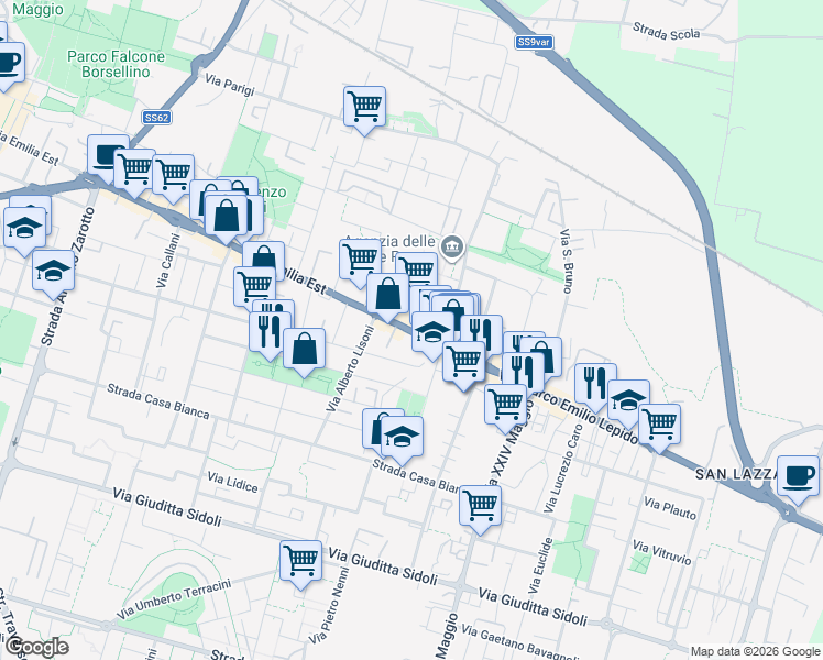 map of restaurants, bars, coffee shops, grocery stores, and more near 131A Via Emilia Est in Parma