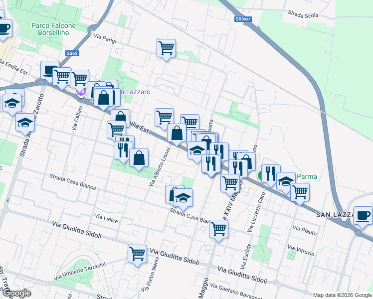 map of restaurants, bars, coffee shops, grocery stores, and more near 131A Via Emilia Est in Parma