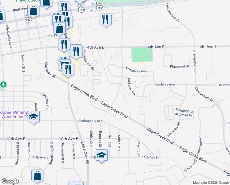 map of restaurants, bars, coffee shops, grocery stores, and more near 744 Sarazin Street in Shakopee