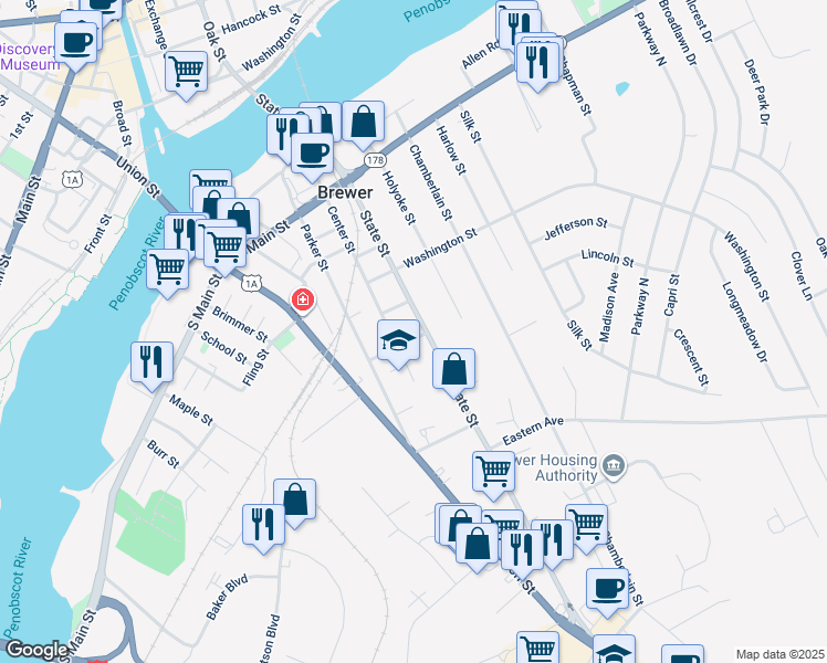 map of restaurants, bars, coffee shops, grocery stores, and more near 22 Somerset Street in Brewer