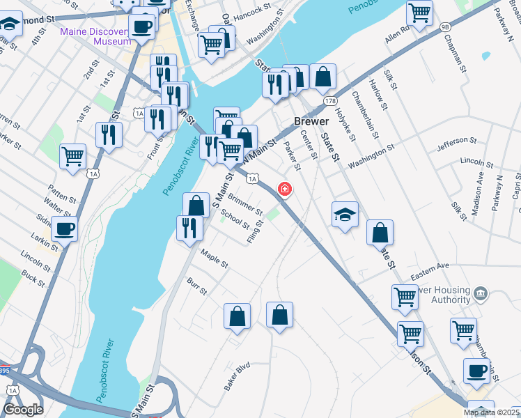 map of restaurants, bars, coffee shops, grocery stores, and more near 34 Brimmer Street in Brewer