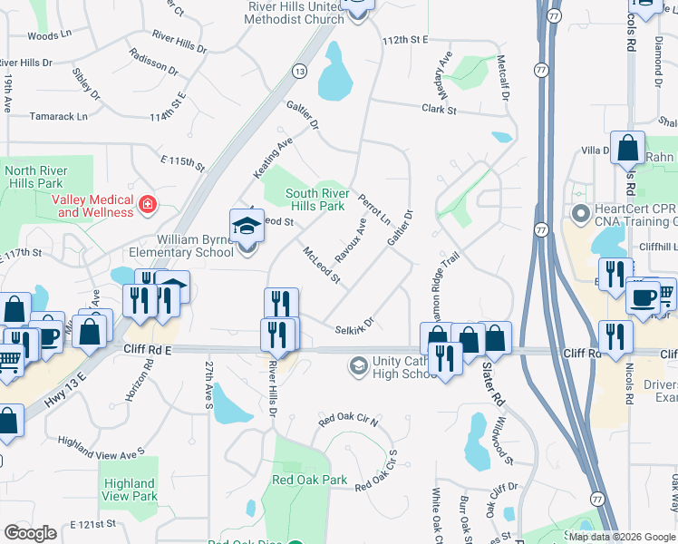 map of restaurants, bars, coffee shops, grocery stores, and more near 3105 McLeod Street in Burnsville