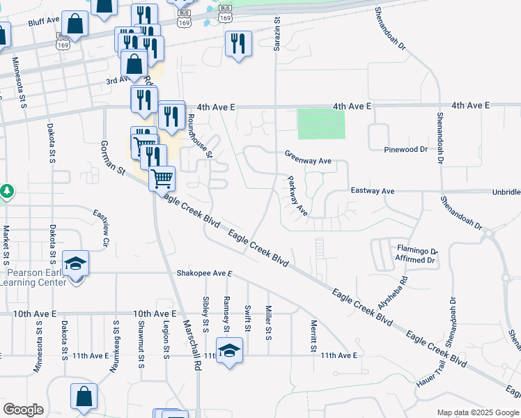 map of restaurants, bars, coffee shops, grocery stores, and more near 744 Sarazin Street in Shakopee