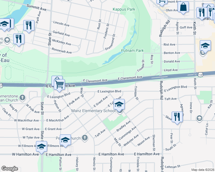 map of restaurants, bars, coffee shops, grocery stores, and more near 1029 East Clairemont Avenue in Eau Claire