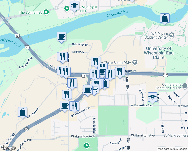 map of restaurants, bars, coffee shops, grocery stores, and more near 1101 W Clairemont Ave in Eau Claire