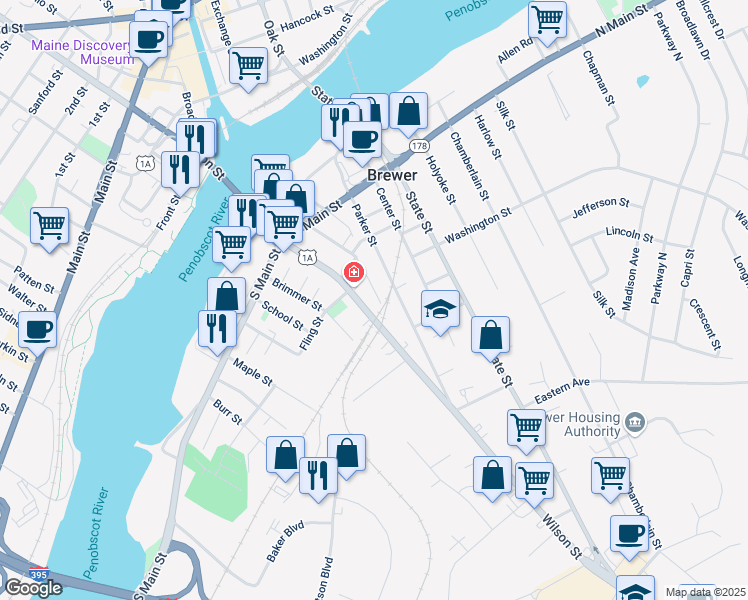 map of restaurants, bars, coffee shops, grocery stores, and more near 134 Union Street in Brewer
