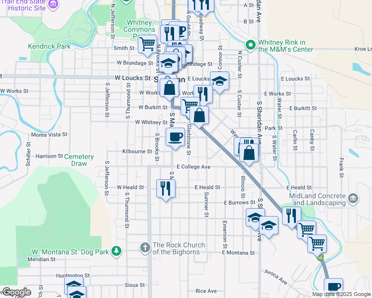 map of restaurants, bars, coffee shops, grocery stores, and more near 446 Gladstone Street in Sheridan
