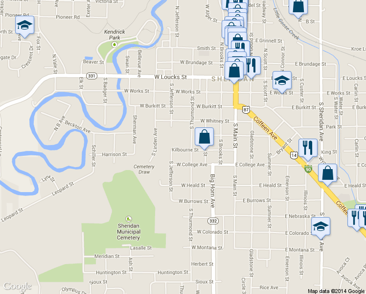 map of restaurants, bars, coffee shops, grocery stores, and more near 333 Kilbourne Street in Sheridan