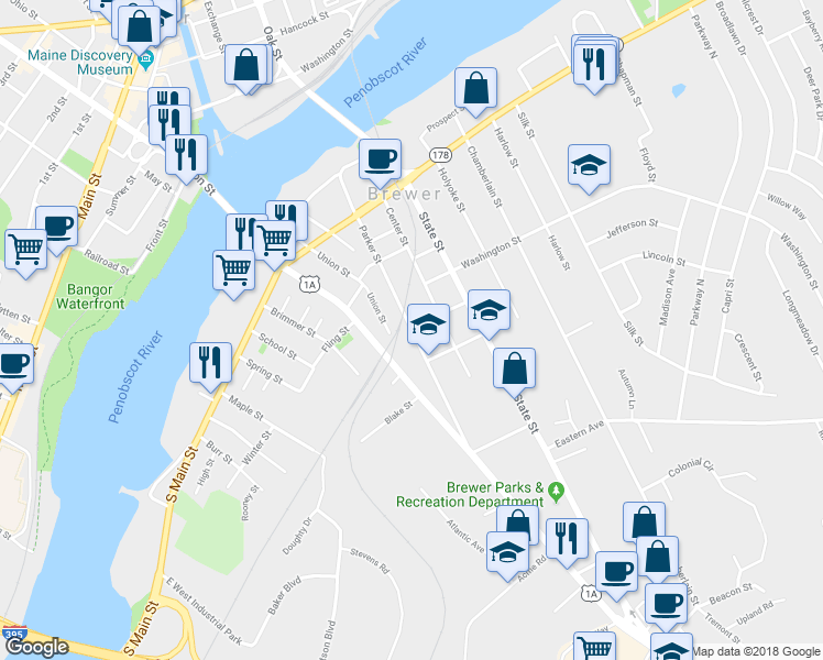 map of restaurants, bars, coffee shops, grocery stores, and more near 98 Parker Street in Brewer