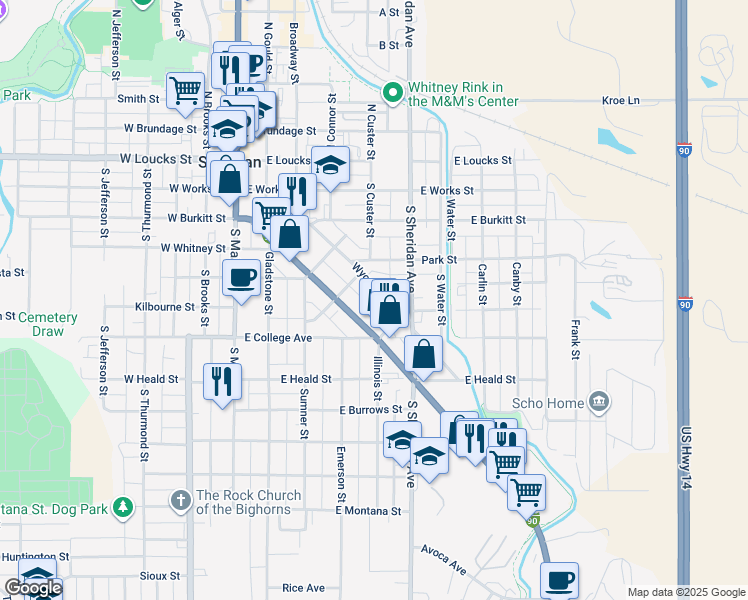 map of restaurants, bars, coffee shops, grocery stores, and more near 340 Wyoming Avenue in Sheridan