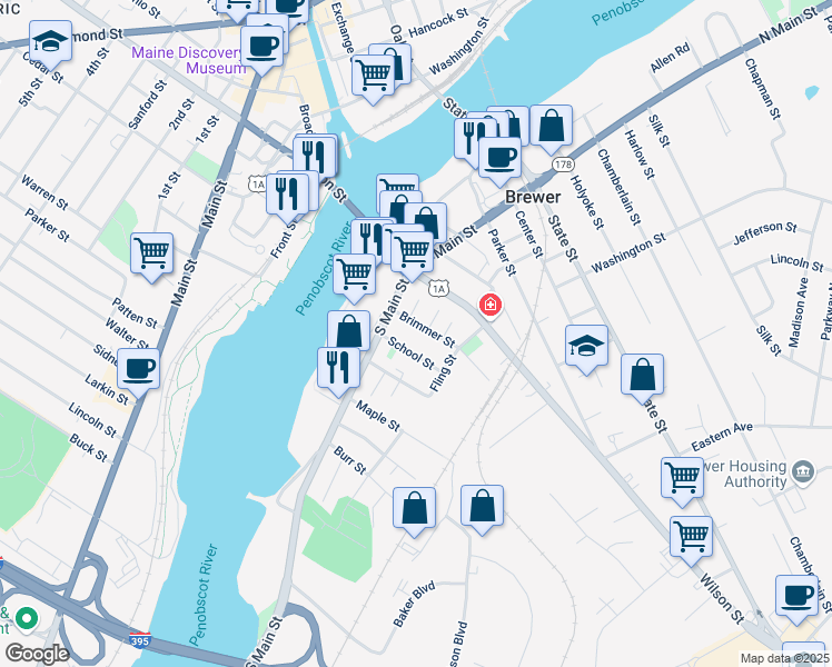 map of restaurants, bars, coffee shops, grocery stores, and more near 15 Brimmer Street in Brewer