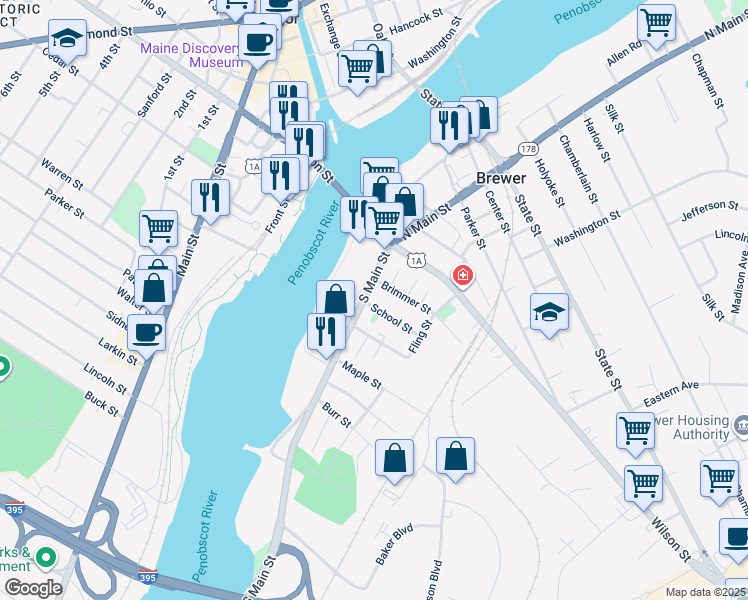 map of restaurants, bars, coffee shops, grocery stores, and more near 92 South Main Street in Brewer