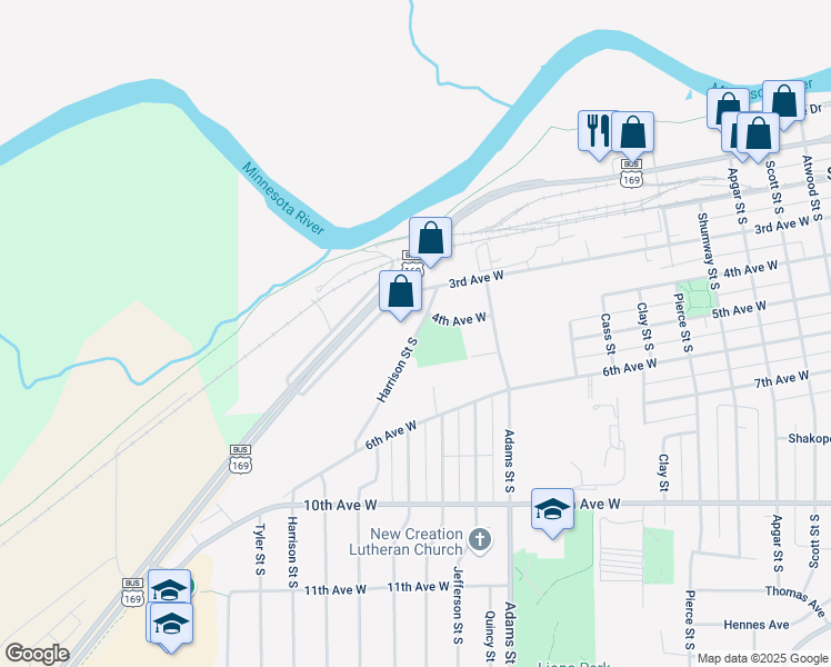 map of restaurants, bars, coffee shops, grocery stores, and more near 400 Harrison Street South in Shakopee
