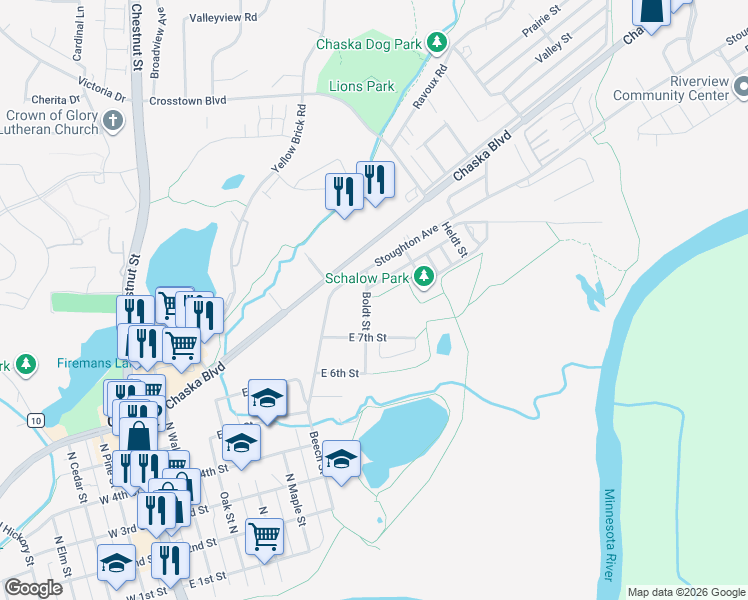 map of restaurants, bars, coffee shops, grocery stores, and more near 820 Boldt Street in Chaska