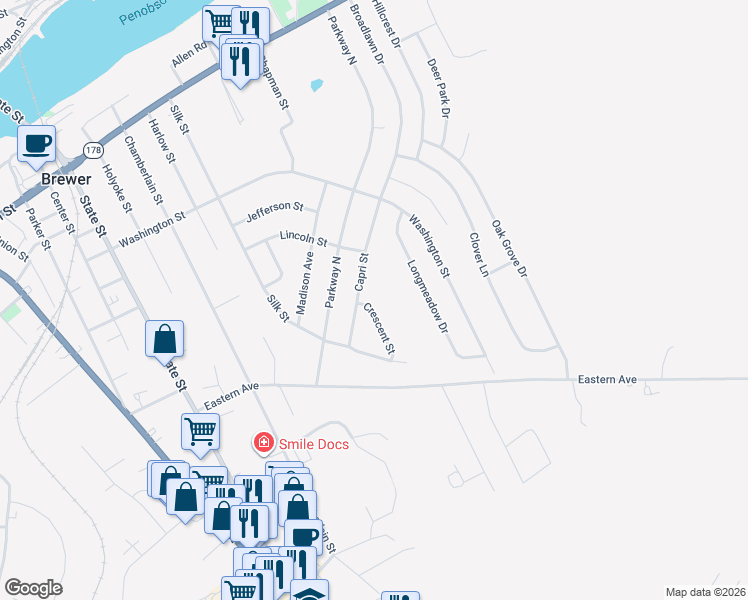 map of restaurants, bars, coffee shops, grocery stores, and more near 8 Crescent Street in Brewer