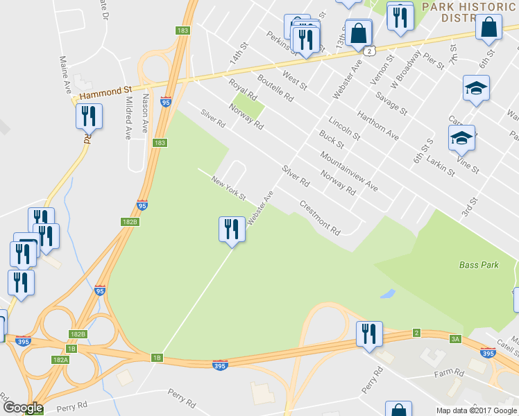 map of restaurants, bars, coffee shops, grocery stores, and more near 2 New York Street in Bangor