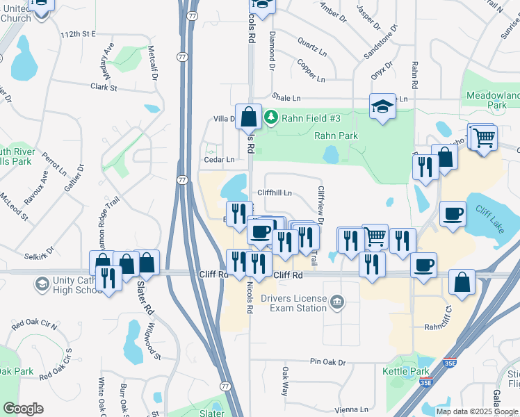 map of restaurants, bars, coffee shops, grocery stores, and more near 4507 Scott Trail in Eagan