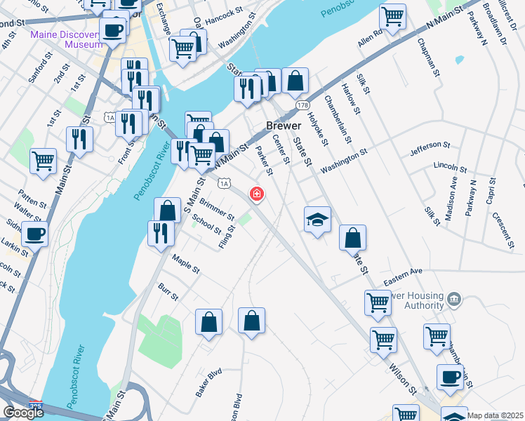 map of restaurants, bars, coffee shops, grocery stores, and more near 188 Wilson Street in Brewer