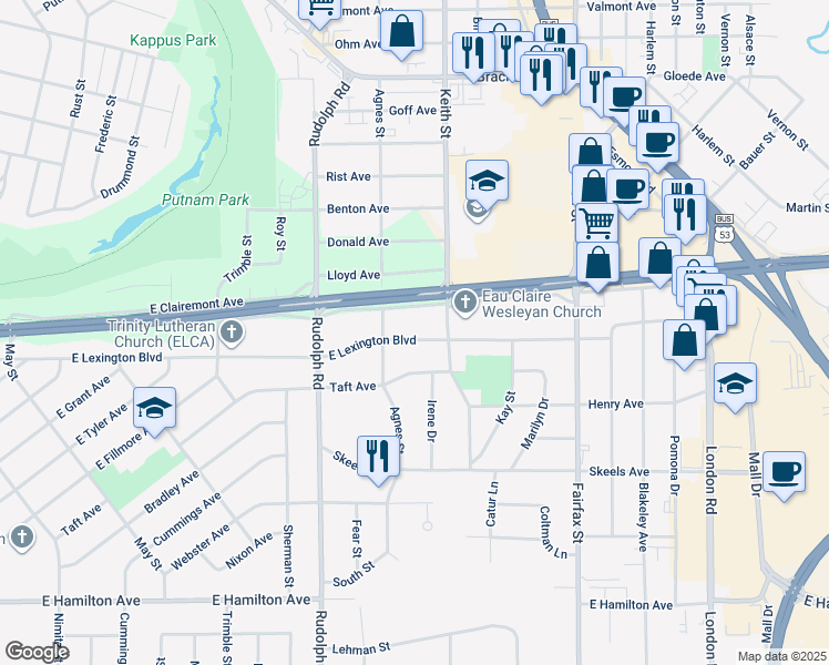map of restaurants, bars, coffee shops, grocery stores, and more near 1904 East Lexington Boulevard in Eau Claire