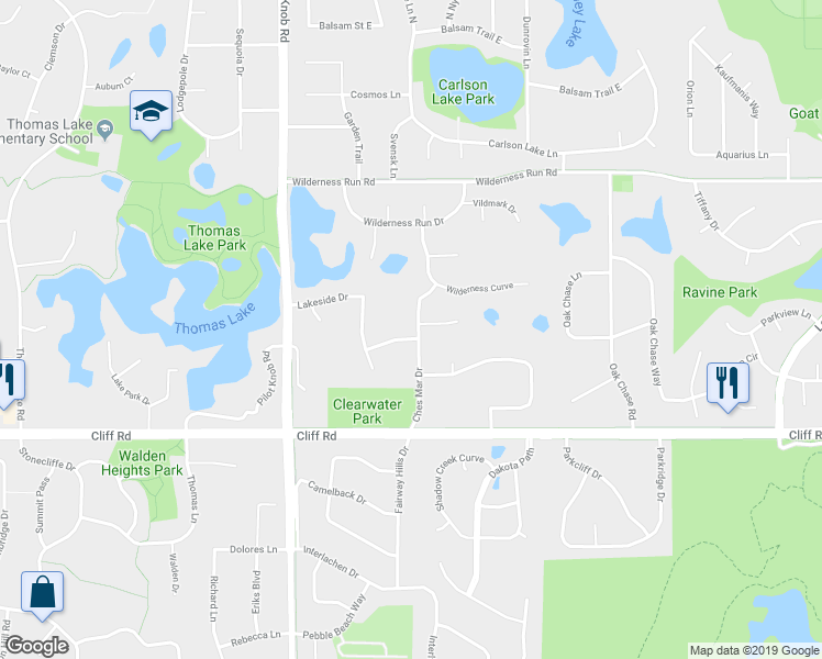 map of restaurants, bars, coffee shops, grocery stores, and more near 4527 Ches Mar Drive in Eagan