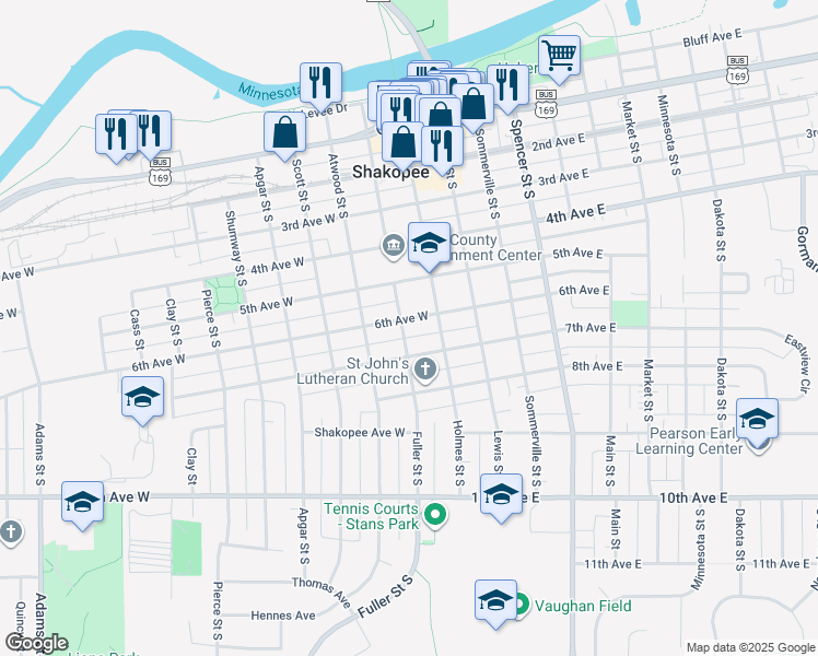 map of restaurants, bars, coffee shops, grocery stores, and more near 138 6th Avenue East in Shakopee