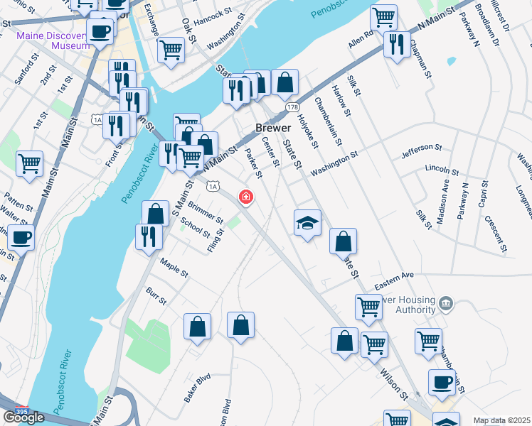 map of restaurants, bars, coffee shops, grocery stores, and more near 134 Union Street in Brewer
