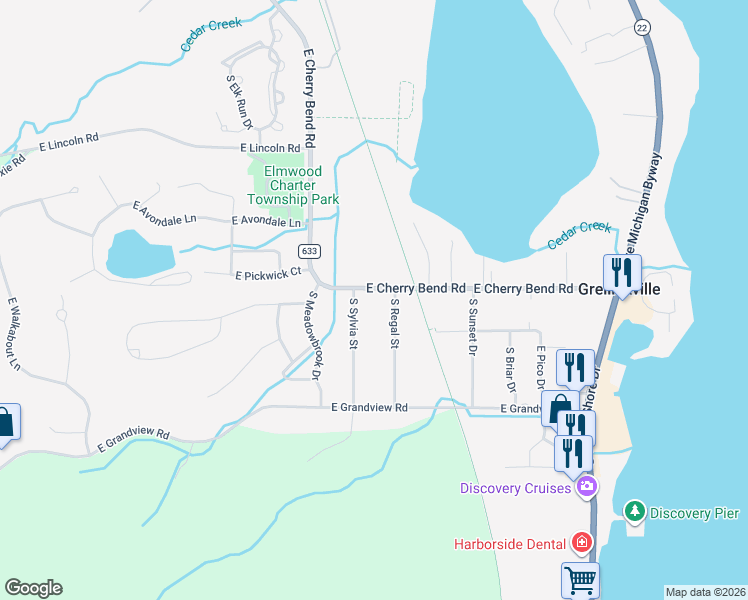 map of restaurants, bars, coffee shops, grocery stores, and more near 10350 East Cherry Bend Road in Traverse City