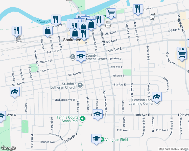 map of restaurants, bars, coffee shops, grocery stores, and more near 625 Lewis Street South in Shakopee